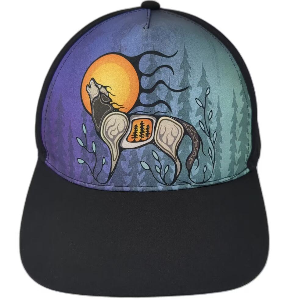 Native Northwest 5 Panel Hat Black Orange Howling Wolf Graphic Adjustable OS